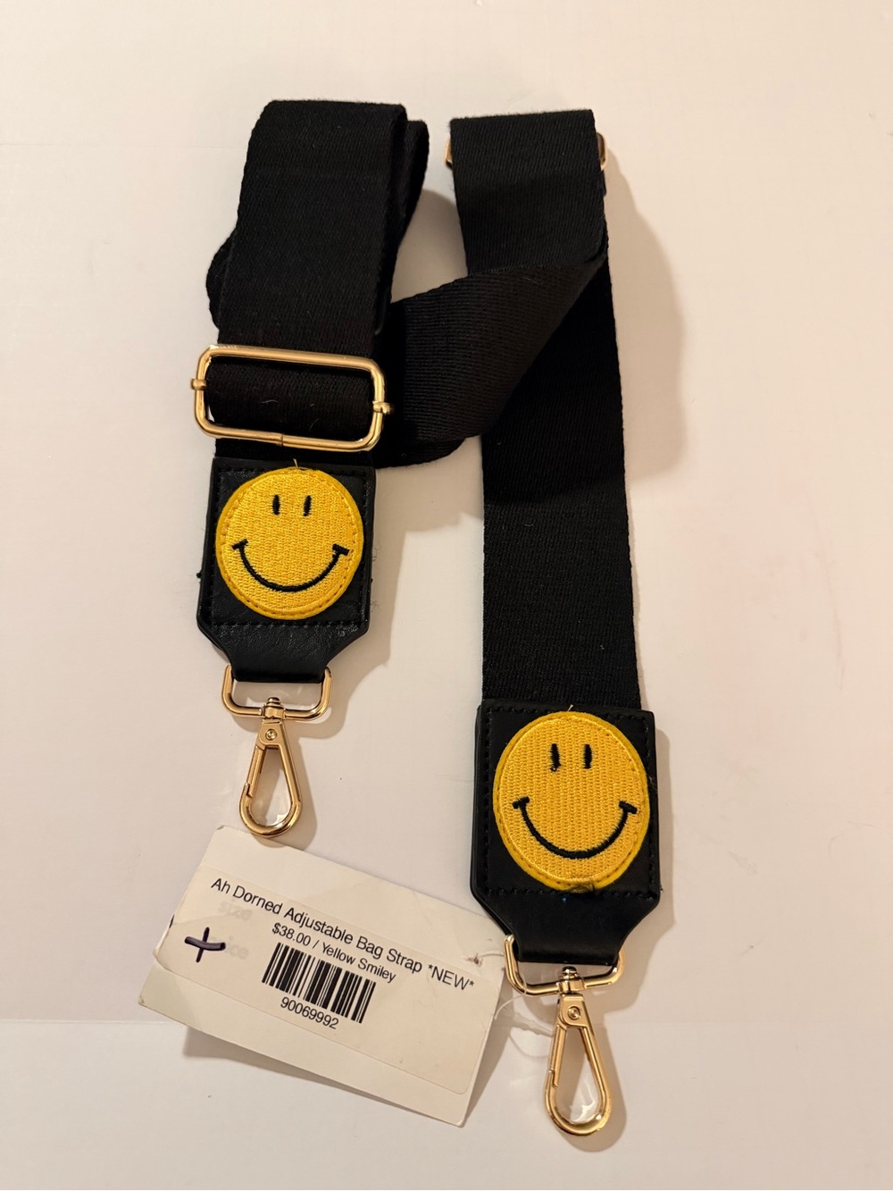 Happy Vibes Ah-Dorned Smiley Bag Strap Black & Yellow Gold Hardware NWT